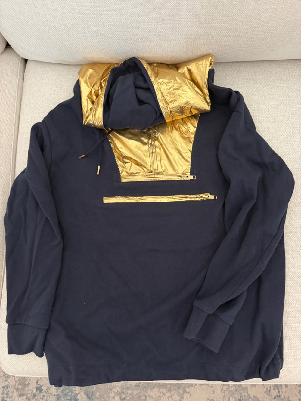 J. Crew Navy and Metallic Gold Hooded Pullover
